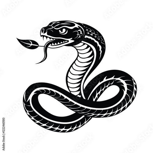 Fierce black and white cobra illustration with coiled body and open hood