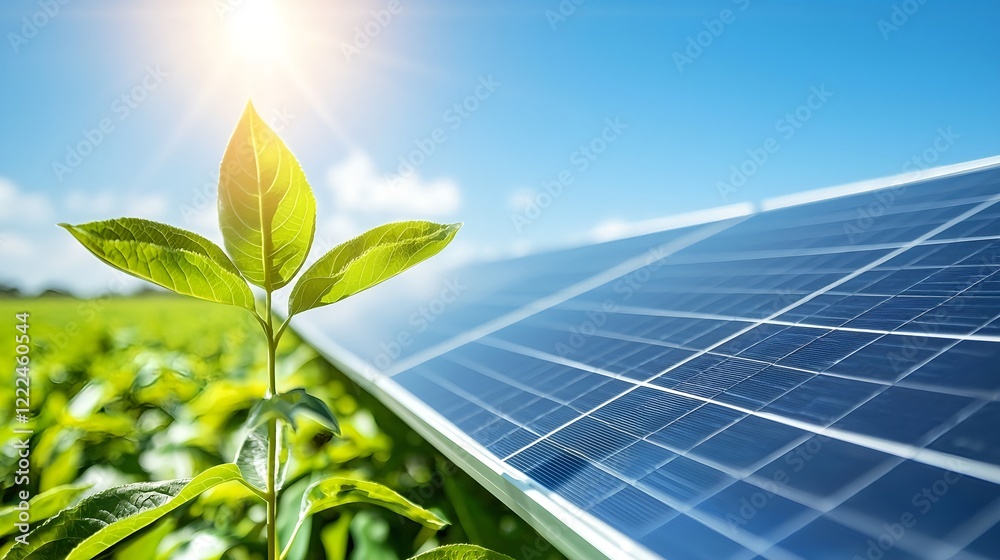Fototapeta premium Green Plant Growing Near Solar Panel Under Bright Sunlight