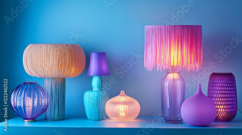 Table and floor lamp interior collection - standing fixtures with fringed shades, adjustable desk lights in blue, decorative pink sphere luminary, modern purple bell shaped illumination devices.