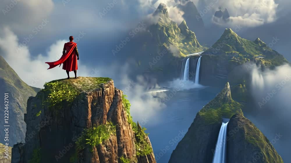 Character stands on a cliff overlooking majestic waterfalls and mountains in a fantastical landscape during a cloudy day