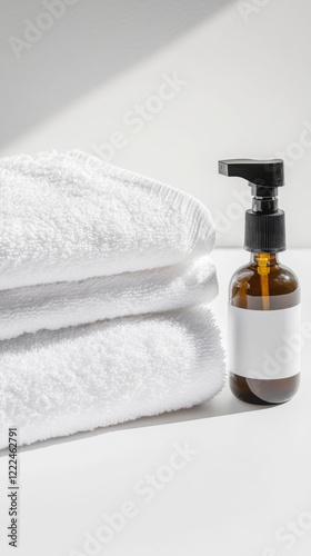 Minimalist bathroom essentials with a folded white towel and amber pump bottle photo