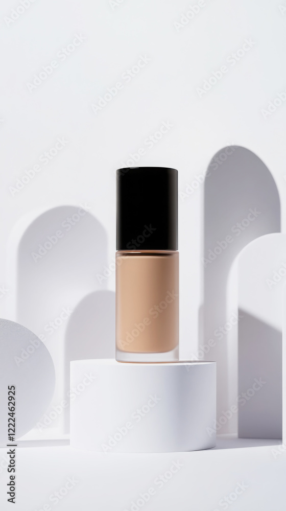 Minimalist studio shot of an unbranded foundation bottle for beauty and cosmetic design Minimalist studio shot of an unbranded foundation bottle for beauty and cosmetic design
