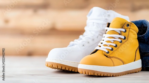 Adorable Children's Shoes and Jeans on Wooden Background