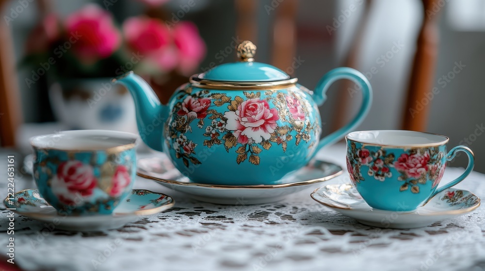 Fototapeta premium A vintage teapot with matching cups and saucers on a lace tablecloth