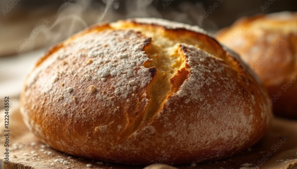 Freshly baked artisan bread with a golden crust and steaming vapor Freshly baked artisan bread with a golden crust and steaming vapor