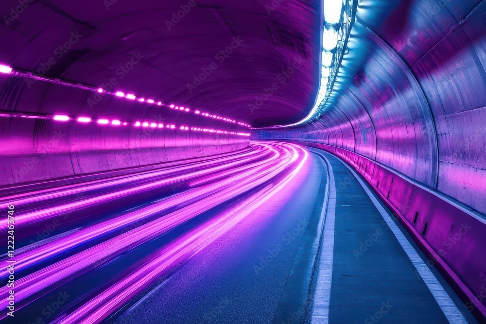 cyberpunk underground racing tunnel with holographic projections, speeding hover vehicles, and reactive light trails in neon purple and cyan cyberpunk underground racing tunnel with holographic projections, speeding hover vehicles, and reactive light trails in neon purple and cyan