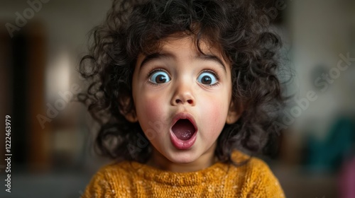 A close-up of a child's surprised face while looking at a magic trick