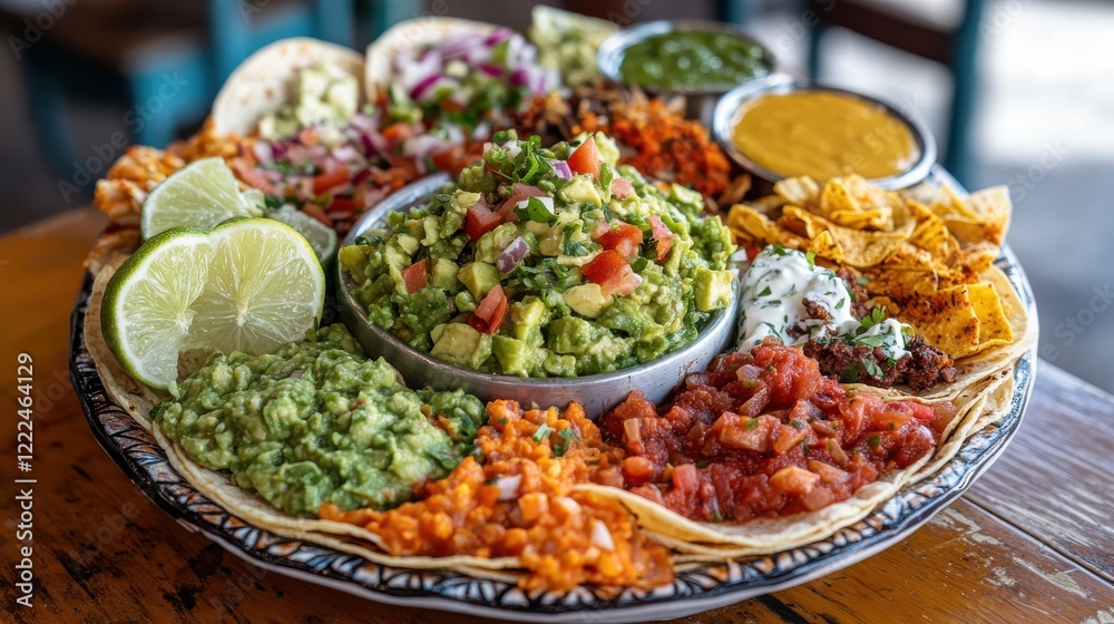 Fototapeta premium A colorful taco platter with guacamole, salsa, and lime wedges on the side