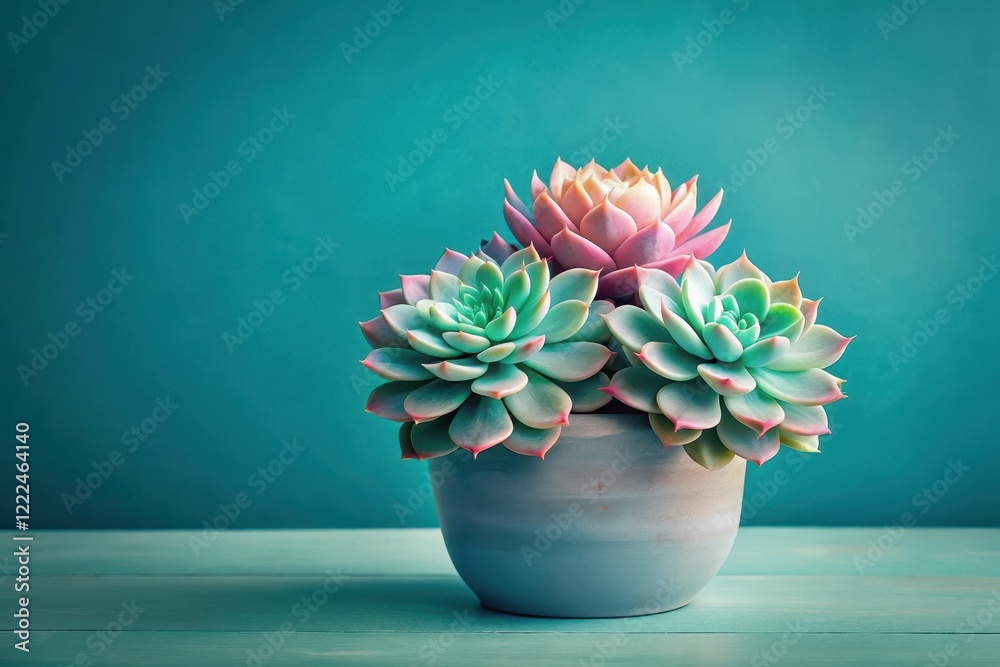 Obraz premium Serene succulents in a pale teal pot, arranged on a weathered teal wood surface against a vibrant teal background, evoke a sense of calm and tranquility.