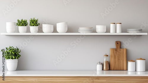 Minimalist home idea. Modern kitchen shelf with pots, dishes, and fresh herbs for a stylish interior.