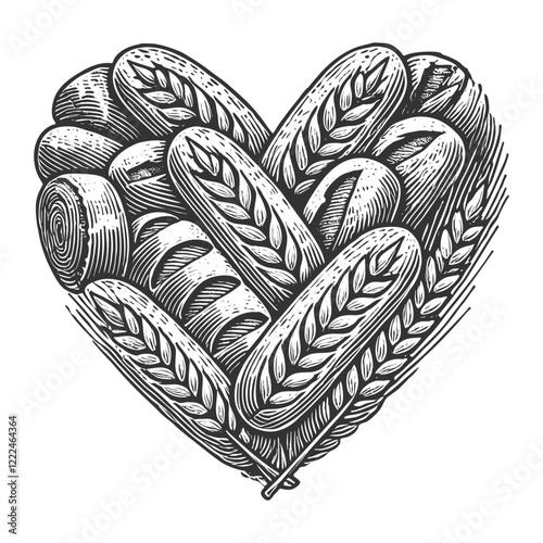 heart made of bread baguettes and wheat stalks, symbolizing love for baking, and natural grains sketch engraving generative ai vector illustration. Scratch board imitation. Black and white image.