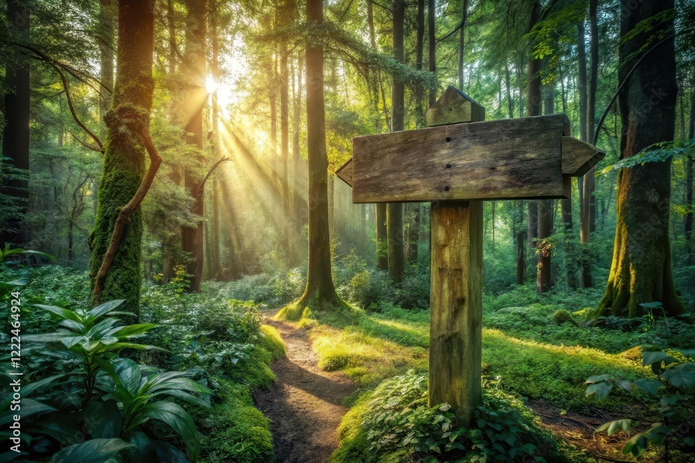 Serene Woodland Path Sunlit Trail with Blank Wooden Signpost in Lush Forest