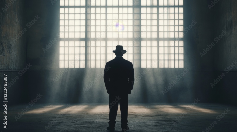 Fototapeta premium Silhouetted man in suit and hat stands in a large, dark room with a large window.