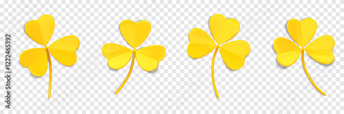 3D yellow clover leaves. Shamrock symbol of lucky. Decorative element for Irish holiday St. Patrick Day. 3D icons with trefoil leaves isolated on a transparent background