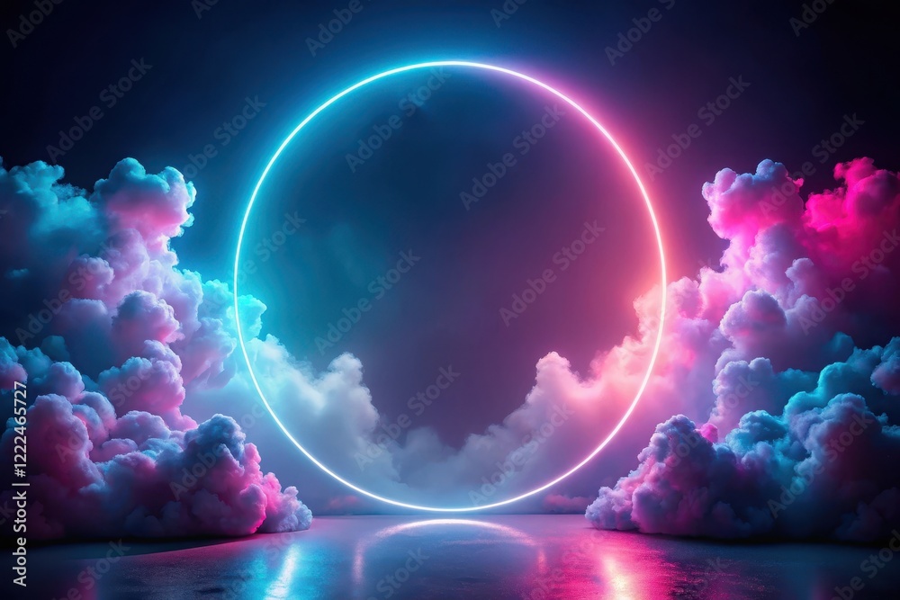 Obraz premium Enigmatic Neon Circle Glowing in a Dreamlike Cloudscape with Reflective Surface