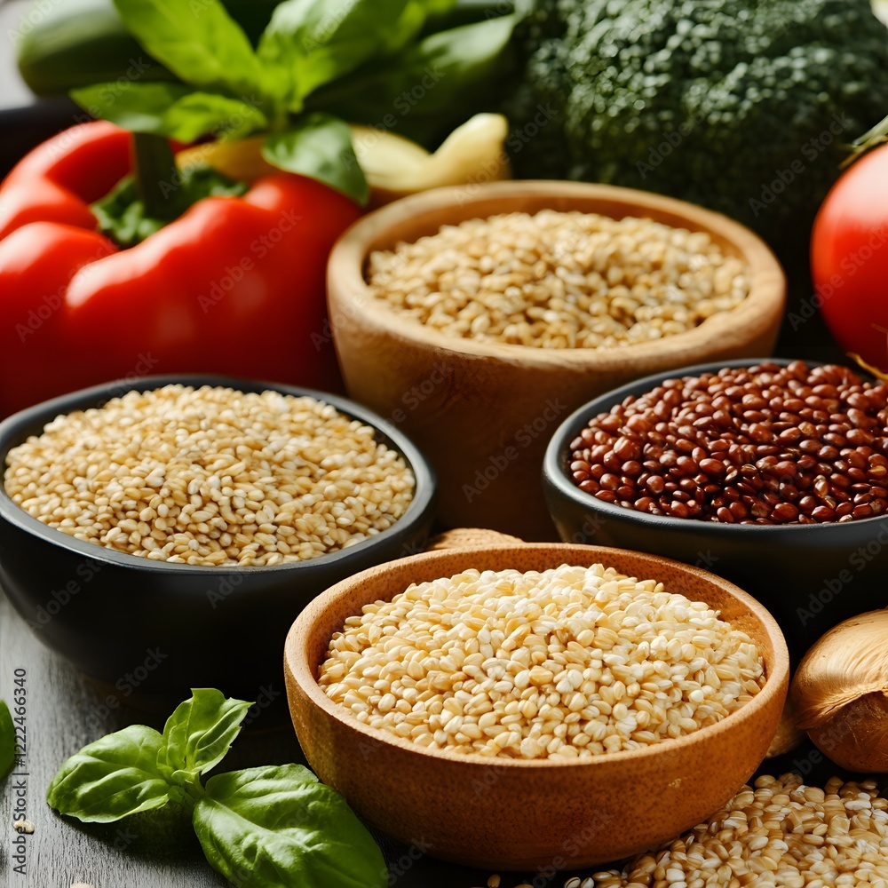 Assortment of Quinoa Grains Bowls with Fresh Vegetables Assortment of Quinoa Grains Bowls with Fresh Vegetables