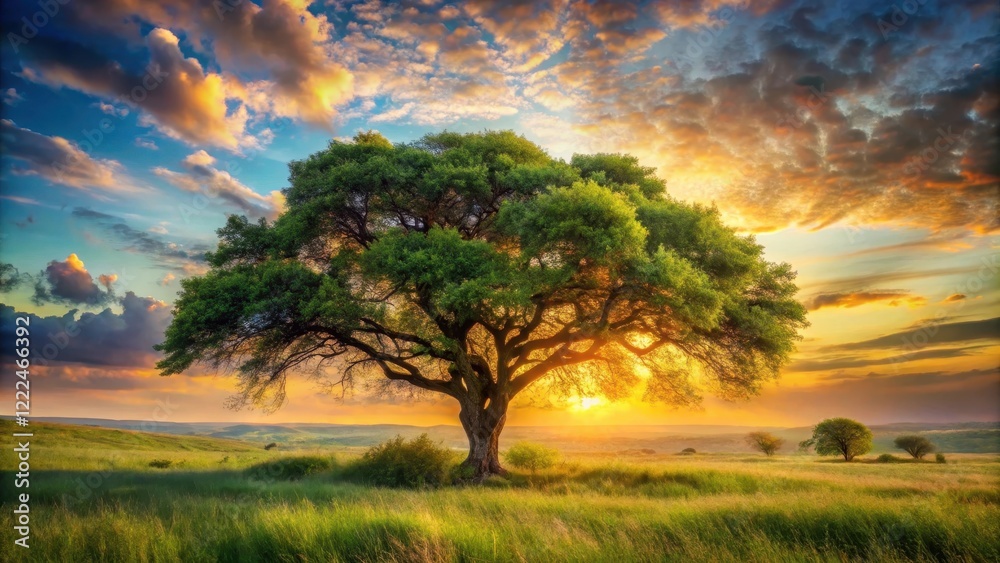 Fototapeta premium Majestic Oak Tree Silhouetted Against a Vibrant Sunset Sky Over Rolling Green Fields