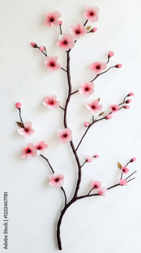 Elegant cherry blossom branch minimalist home artistic wall display soft pink colors indoor environment aesthetic viewpoint for tranquility Elegant cherry blossom branch minimalist home artistic wall display soft pink colors indoor environment aesthetic viewpoint for tranquility