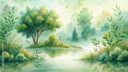 Serene Lakeside Vista Tranquil Water Reflecting Lush Greenery, Birds in Flight, and a Peaceful Island in a Misty Woodland Setting