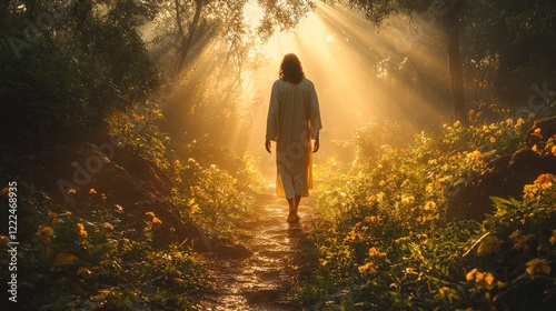 A symbolic image of Jesus walking barefoot along a winding path in a quiet forest, with rays of light breaking through the trees, symbolizing the journey of faith and inner peace photo