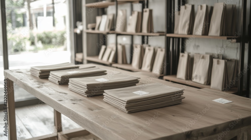 Stacks of kraft paper bags and napkins on wooden table in a shop. Stacks of kraft paper bags and napkins on wooden table in a shop.