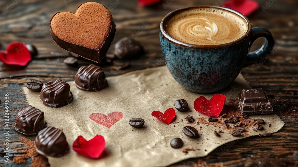 A Valentine's Day card with a heartfelt message, surrounded by petals, chocolates, and a cup of coffee, evoking love and warmth on this special day A Valentine's Day card with a heartfelt message, surrounded by petals, chocolates, and a cup of coffee, evoking love and warmth on this special day