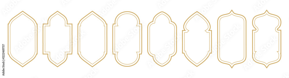 Set of oriental style arabic gold borders and frames. Collection of linear style Islamic windows, doors in boho style. Ramadan kareem Vector design. Set of oriental style arabic gold borders and frames. Collection of linear style Islamic windows, doors in boho style. Ramadan kareem Vector design.