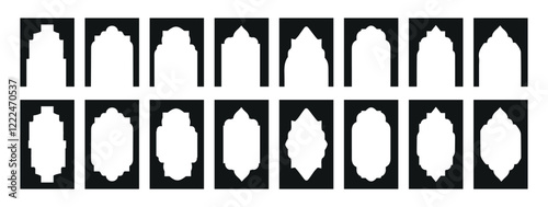 Shape Islamic door and arabic window arch. Arabic door and window vector silhouette. Frame border set with ornamental vector illustration.	
