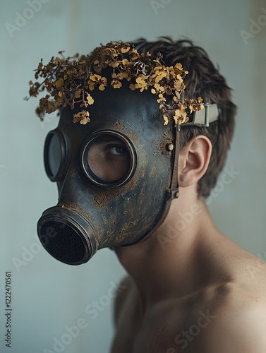 Person in Rusted Gas Mask with Autumn Foliage. Generated AI photo