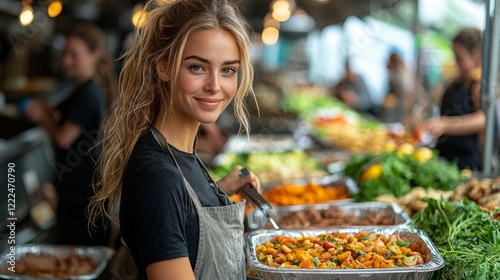 A volunteer helping to serve food at a Christian charity event, with people in need being served with kindness and compassion, symbolizing Christian service and love for others
