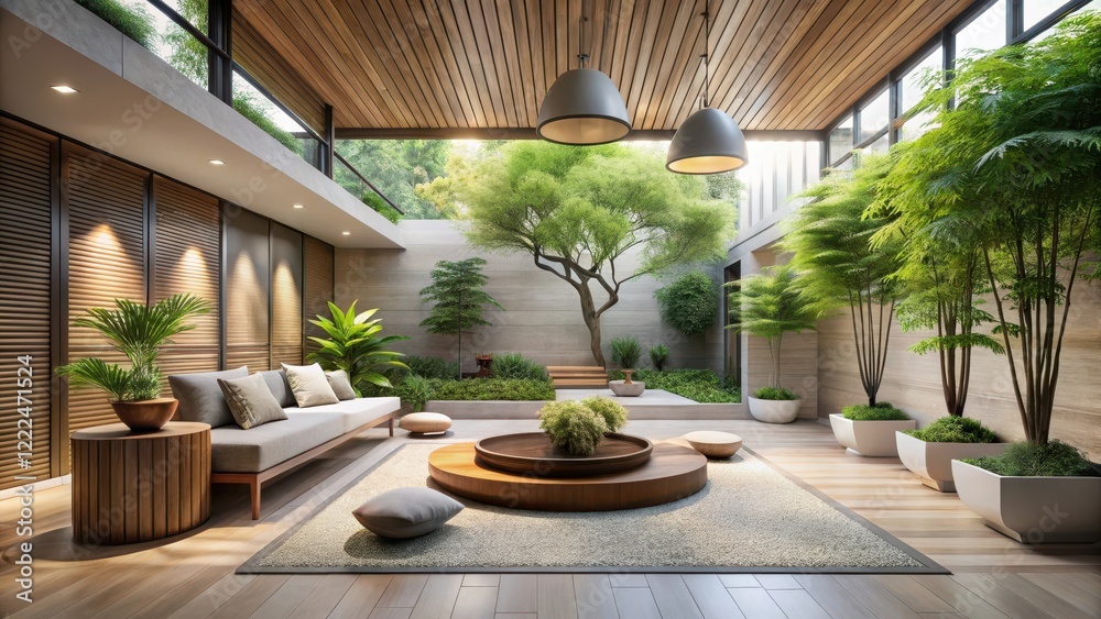 Fototapeta premium Serene Indoor Oasis A Tranquil Living Space Featuring Lush Greenery, Modern Furnishings, and Natural Light