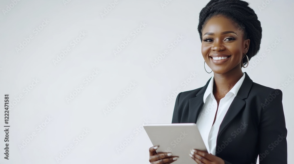 A businesswoman holding a tablet and smiling, symbolizing innovation, isolated on a clean white backdrop, A businesswoman holding a tablet and smiling, symbolizing innovation, isolated on a clean white backdrop,