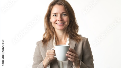 Wallpaper Mural A businesswoman holding a coffee mug, smiling warmly, isolated on white, Torontodigital.ca