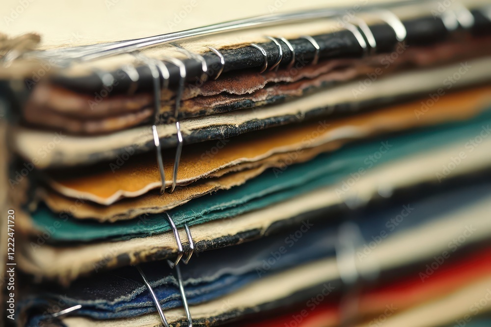 detailed macro photography of professional bookbinding process, showing saddle stitching technique with silver wire through paper layers, rich texture and craftsmanship detailed macro photography of professional bookbinding process, showing saddle stitching technique with silver wire through paper layers, rich texture and craftsmanship