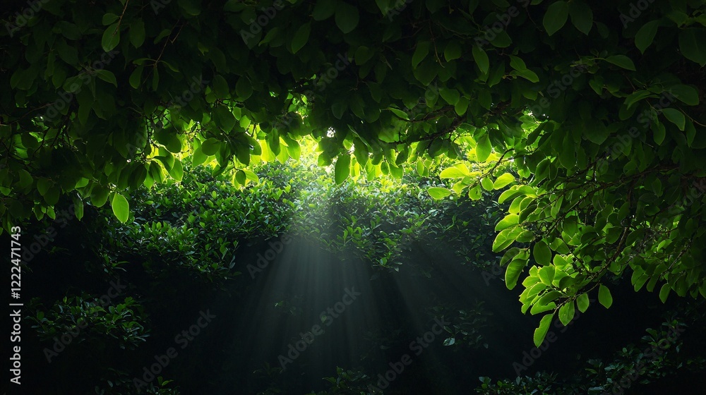 Fototapeta premium Sunlight Filtering Through Lush Leaves in a Dense Forest Canopy