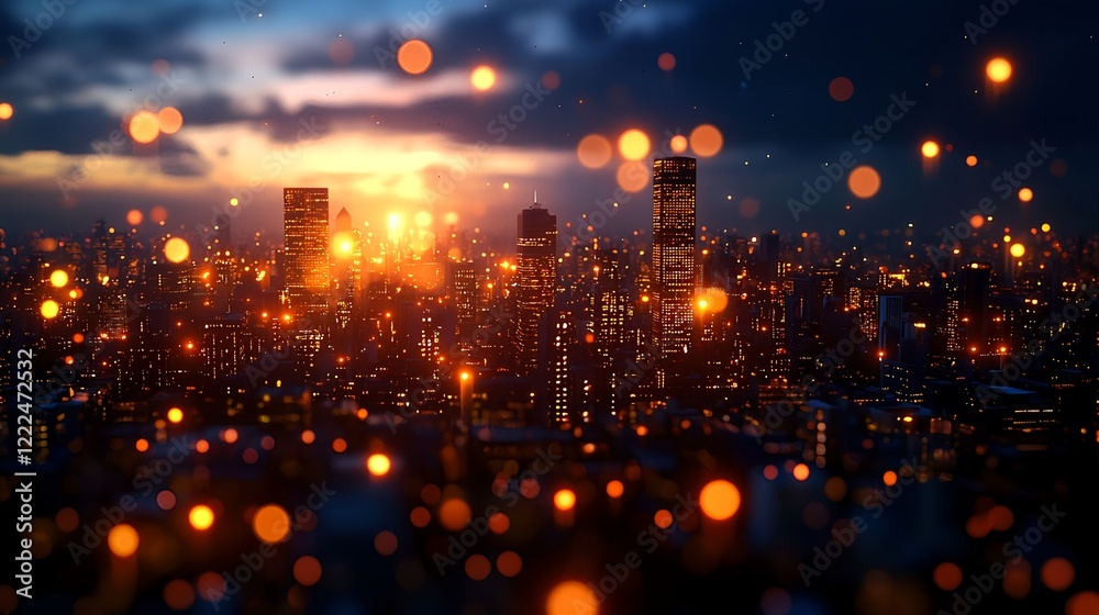Vibrant Cityscape at Sunset with Glowing Lights and Bokeh Effect Vibrant Cityscape at Sunset with Glowing Lights and Bokeh Effect