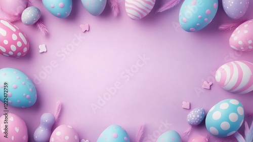 Wallpaper Mural Pastel-colored Easter eggs with various patterns arranged around light purple background with decorative elements Torontodigital.ca