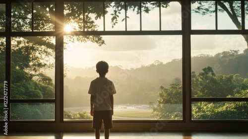 Boy gazing at sunset landscape through large window.