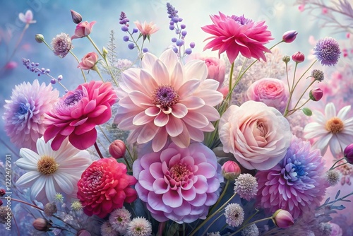 A vibrant profusion of pastel and fuchsia blooms, showcasing a diverse array of delicate petals and intricate textures, creates a breathtaking floral arrangement.