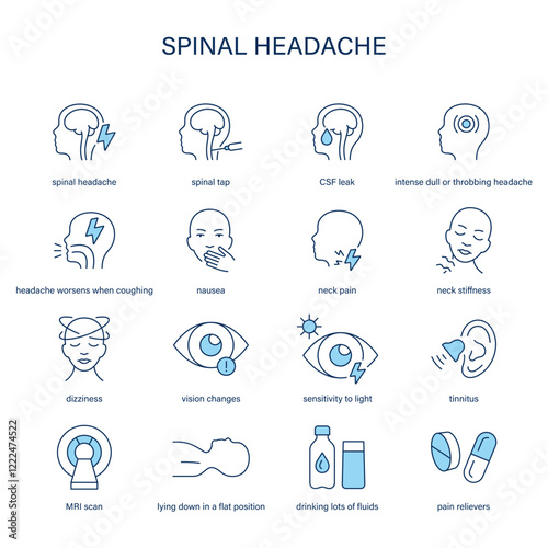Spinal Headache symptoms, diagnostic and treatment vector icon set. Medical icons.