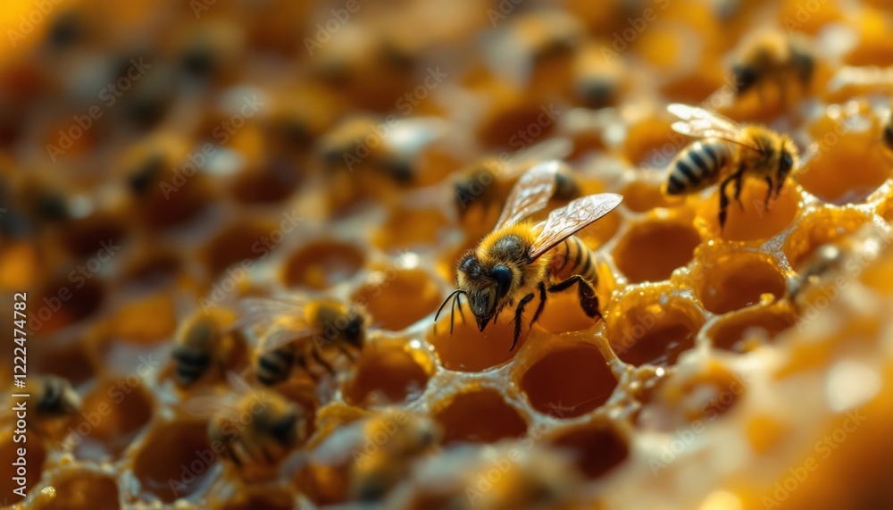 Honey bees working on honeycomb with nectar, close up in natural light Honey bees working on honeycomb with nectar, close up in natural light
