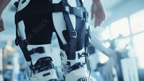 A cutting-edge robotic exoskeleton rehabilitation clinic, clinical scene with robotic exoskeletons and physical therapy equipment, Healthcare style