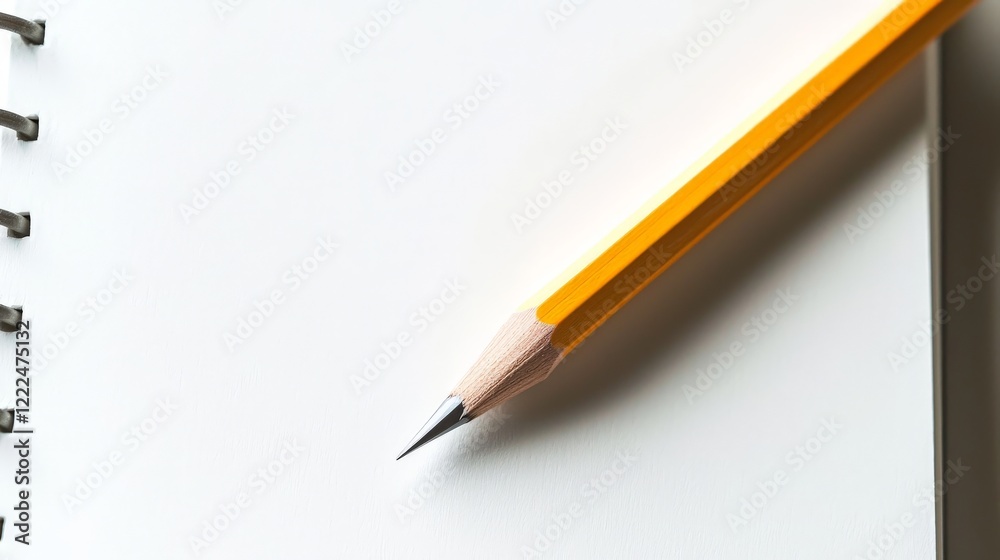A sharpened pencil rests beside a blank notebook page, ready for creativity and ideas. A sharpened pencil rests beside a blank notebook page, ready for creativity and ideas.