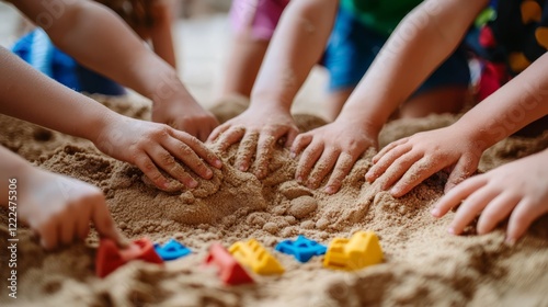 Creative playtime: kids engaged with sand in the playground. 
