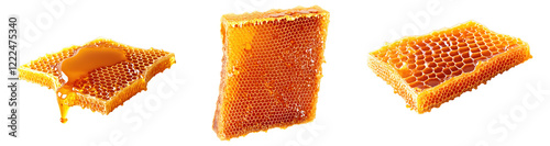 A close-up view of honey comb, honey gently dripping from the comb , on a transparent background.