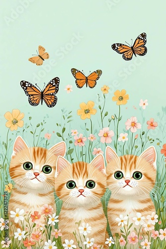 Playful kittens surrounded by butterflies and flowers.