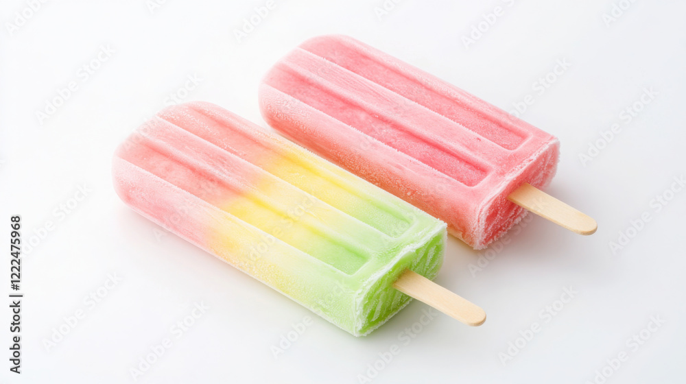 Vibrant summer treats: three colorful ice cream popsicles on white background Vibrant summer treats: three colorful ice cream popsicles on white background