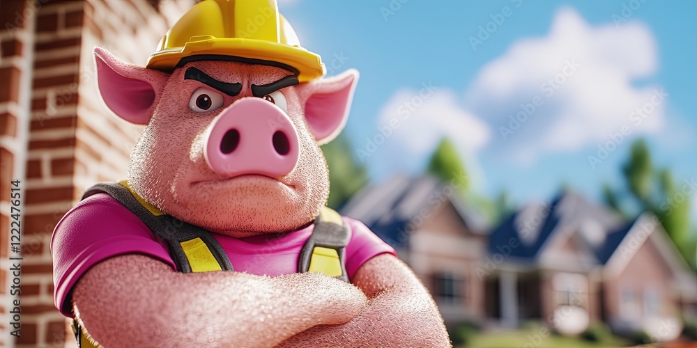Fototapeta premium anthropomorphized pig construction worker standing outside brick house