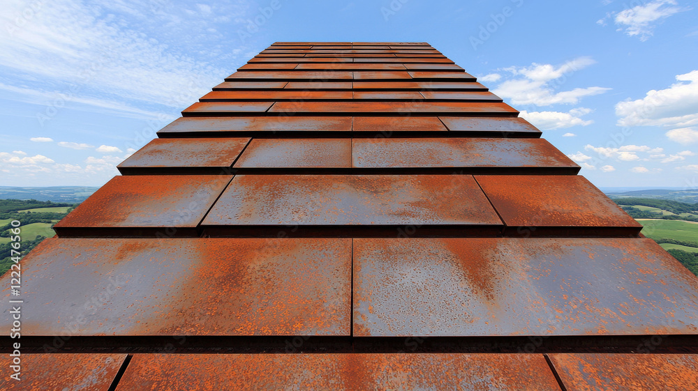 Naklejka premium The Artistic Beauty of Rust in Sculptures and Decor Themed, towering rusted steel monument set against blue sky and green hills