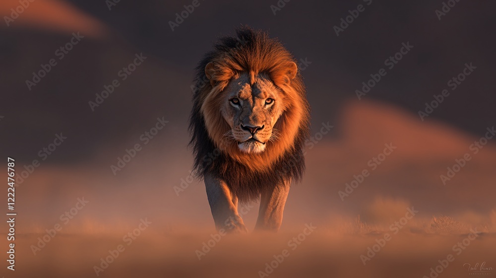 Fototapeta premium Majestic Lion Walking Through Golden Plains at Dusk in Africa